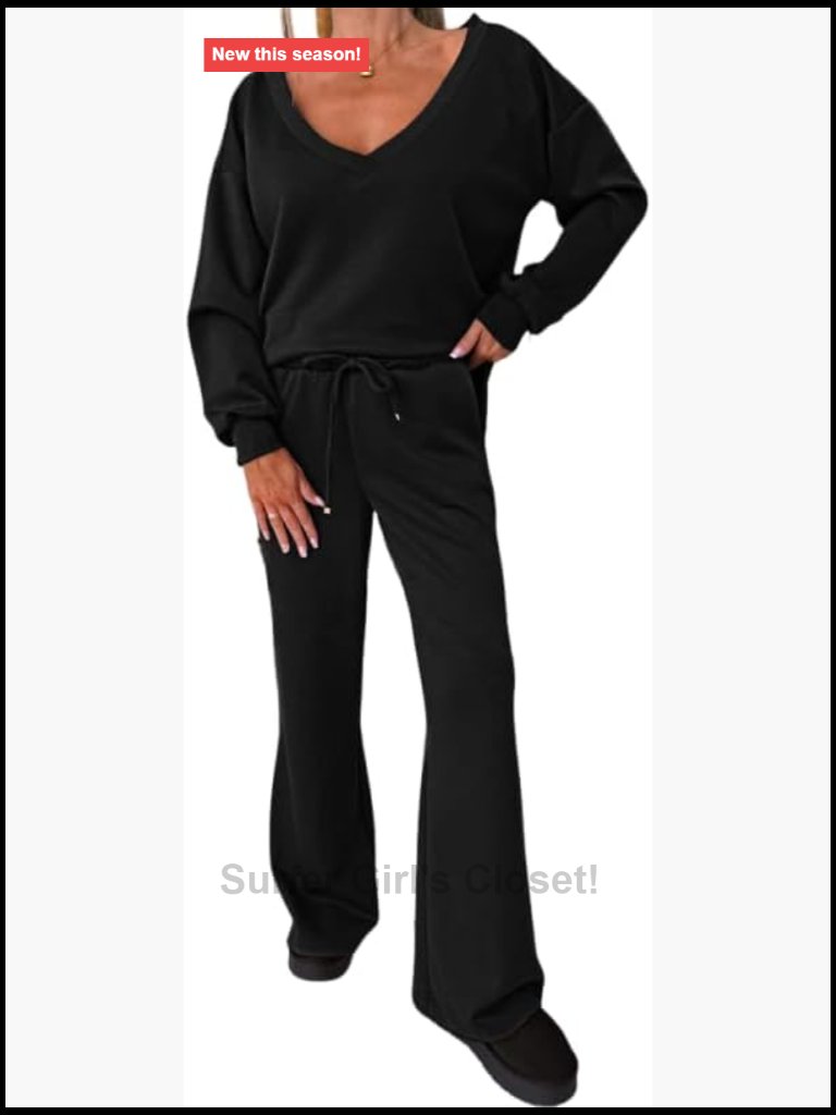 2 Piece Lounge Sets V Neck Sweatsuit Wide Leg Tracksuit Airport Travel Matching